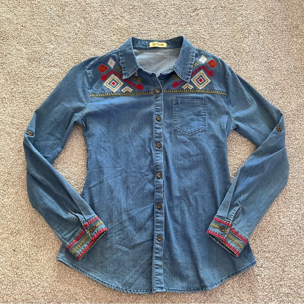 La Diosa Aztec Embroidered Denim Button-Up Long Sleeve Medium - Picture 4 of 11